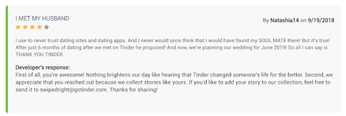 A Tinder review explaining how user met her husband on Tinder